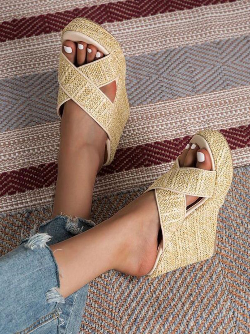 Kvinnors Cane Wedge Sandaler Plattform Öppen Toe Criss Cross Sandal Slides - Ljusgul