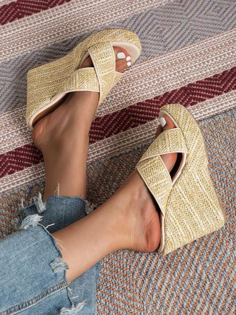 Kvinnors Cane Wedge Sandaler Plattform Öppen Toe Criss Cross Sandal Slides - Ljusgul