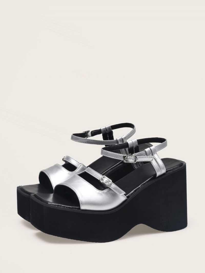 Kvinnors Silver Wedge Sandaler Metallic Platform Spänne Tvåfärgad Sandal Skor