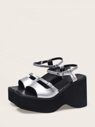 Kvinnors Silver Wedge Sandaler Metallic Platform Spänne Tvåfärgad Sandal Skor