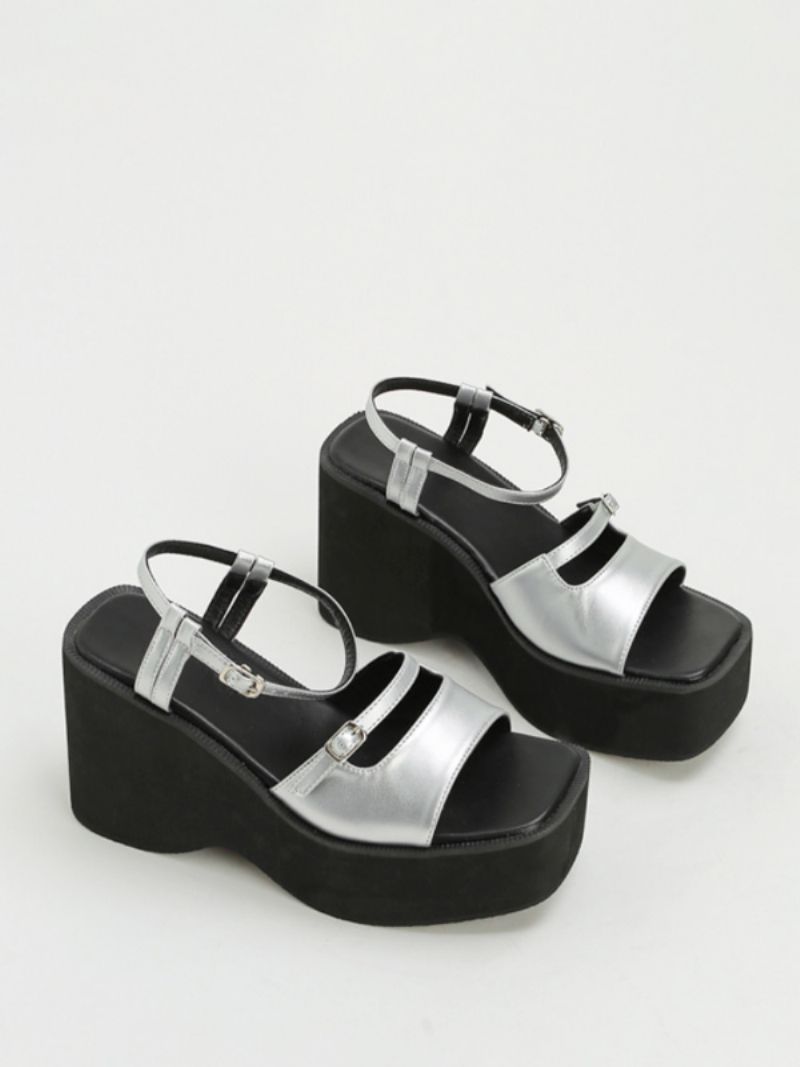 Kvinnors Silver Wedge Sandaler Metallic Platform Spänne Tvåfärgad Sandal Skor - Silver