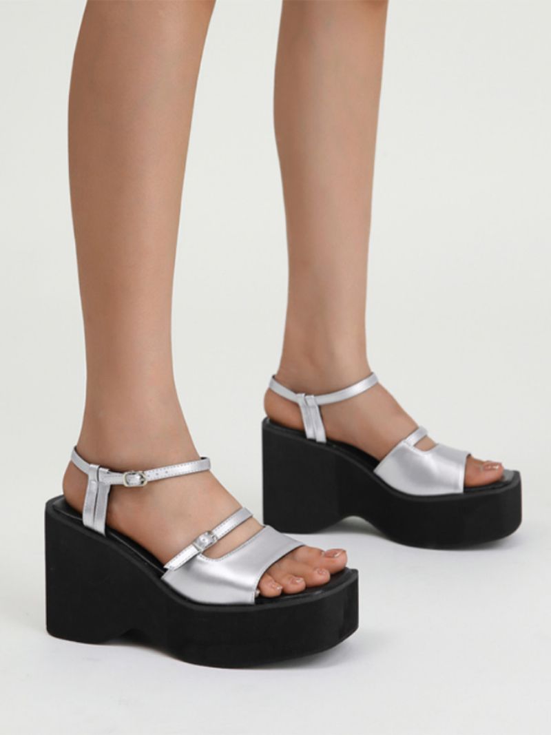 Kvinnors Silver Wedge Sandaler Metallic Platform Spänne Tvåfärgad Sandal Skor - Silver