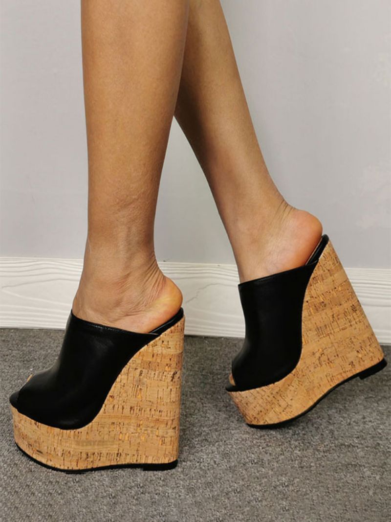 Kvinnors Svart Peep Toe Pu Läder Wedge Mules