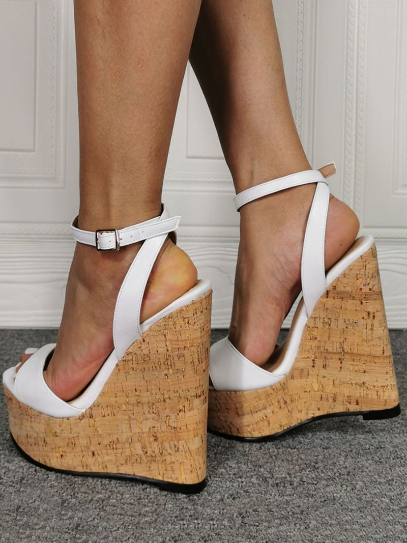 Sexiga Sandaler För Kvinnor Vita Slingback Platform Ankelrem Wedge - Vit