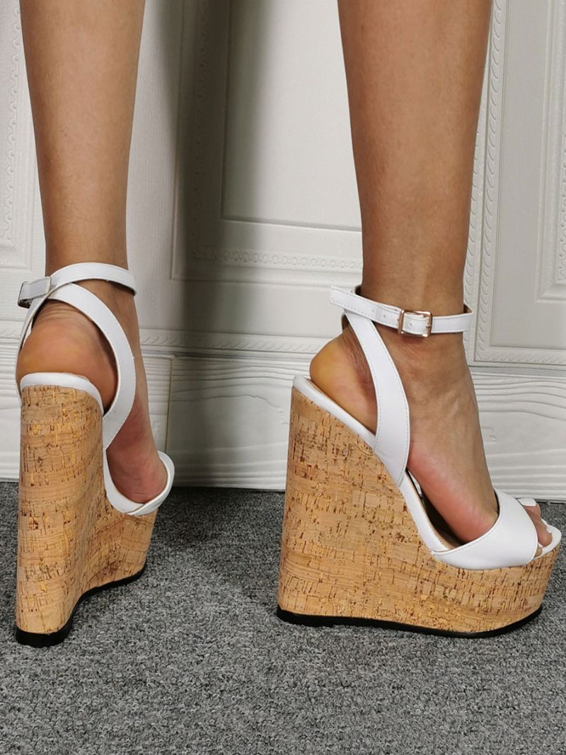 Sexiga Sandaler För Kvinnor Vita Slingback Platform Ankelrem Wedge - Vit