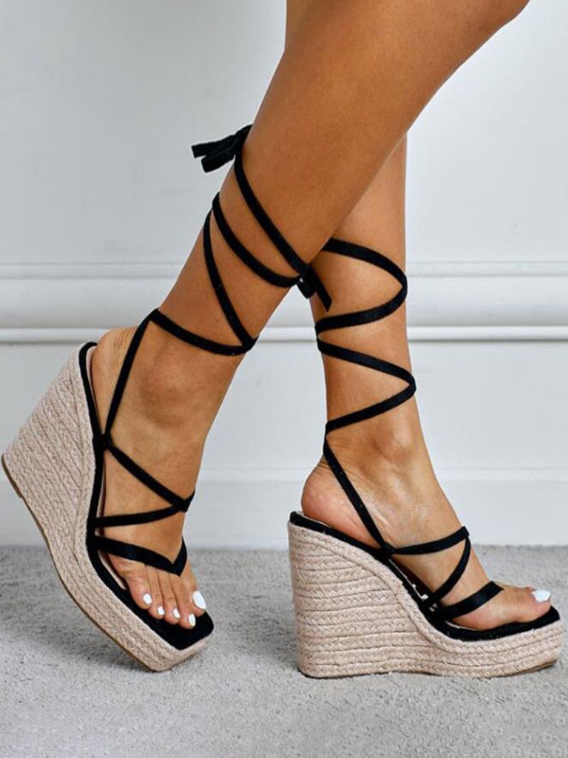 Strappy Espadrille Wedge Sandaler För Kvinnor - Svart