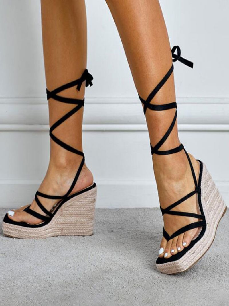 Strappy Espadrille Wedge Sandaler För Kvinnor - Svart