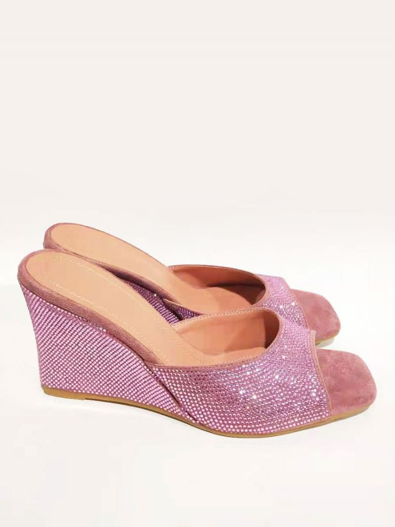 Svarta Sexiga Wedges Dam Strass Nubuck Prom Wedge Sandaler - Rosa