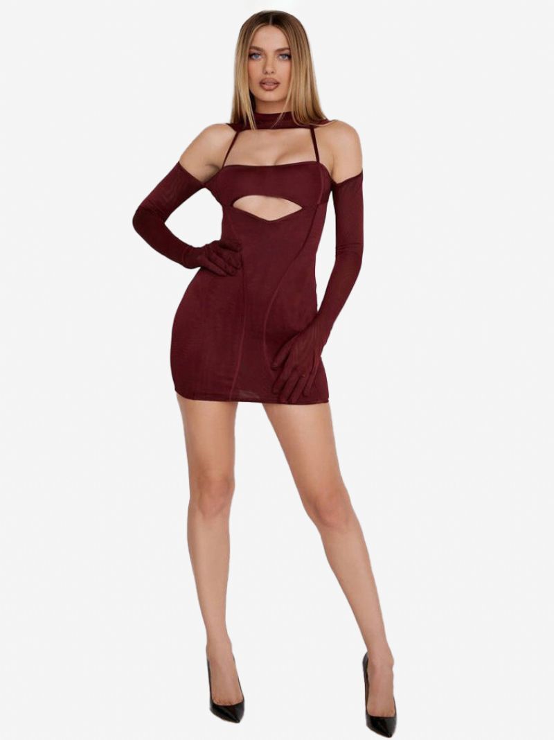 Dam Bodycon Klänning Cutout Öppen Axel Patchwork Sexiga Miniklänningar - Vinröd