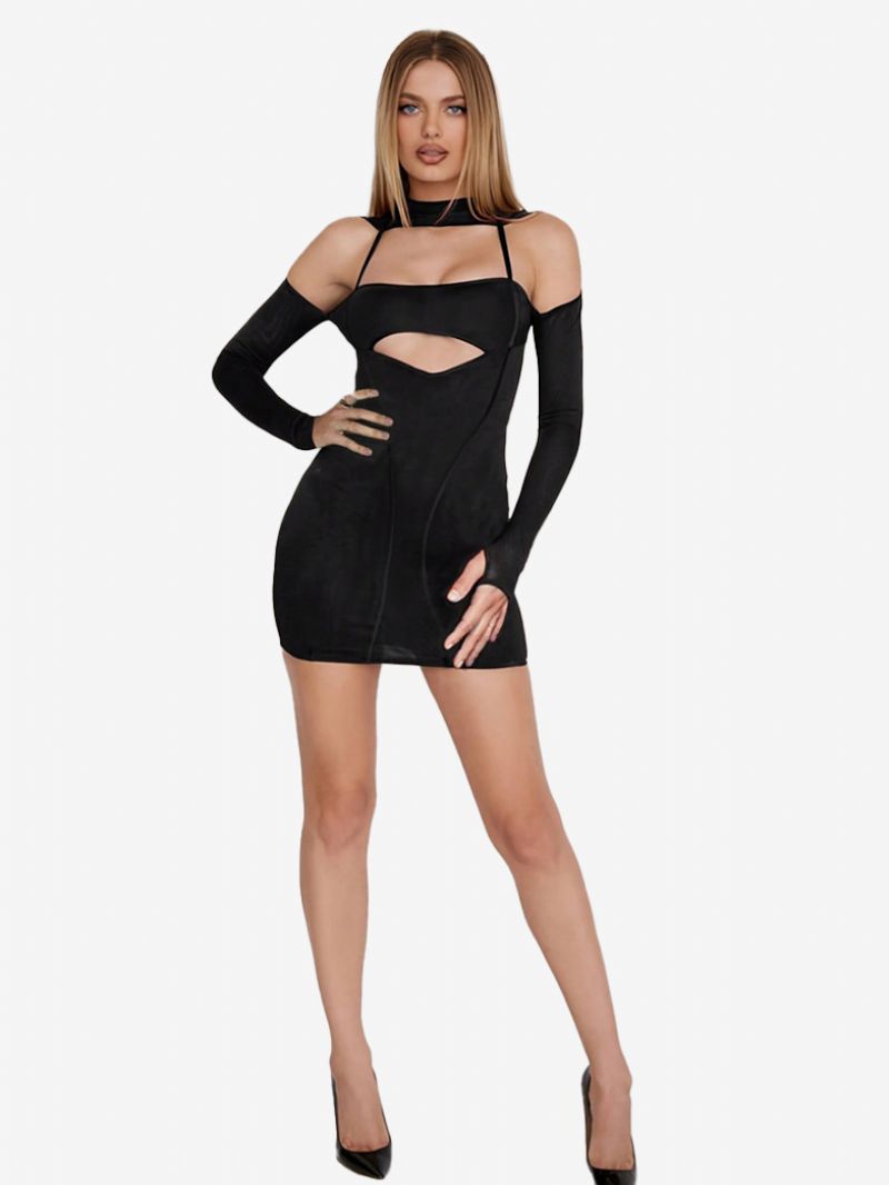 Dam Bodycon Klänning Cutout Öppen Axel Patchwork Sexiga Miniklänningar - Svart