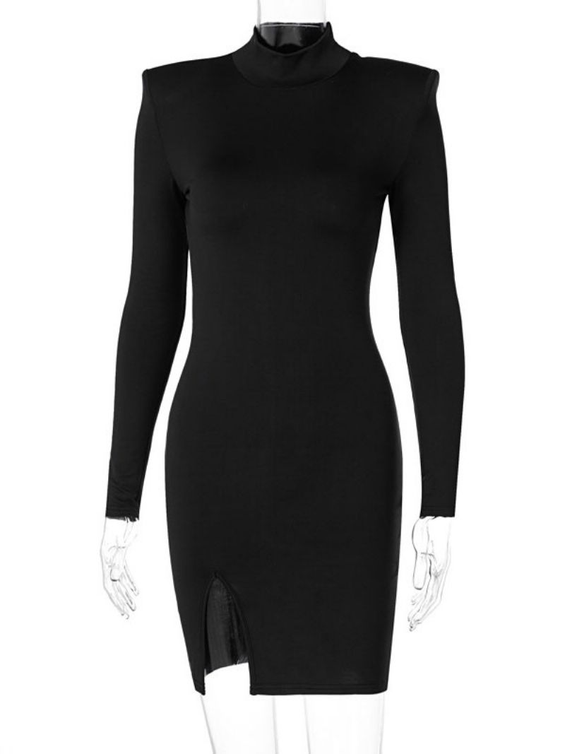 Dam Bodycon Klänning Svart Långa Ärmar Split Front Sexig Hög Krage Layered Omlottklänningar Slida - Svart