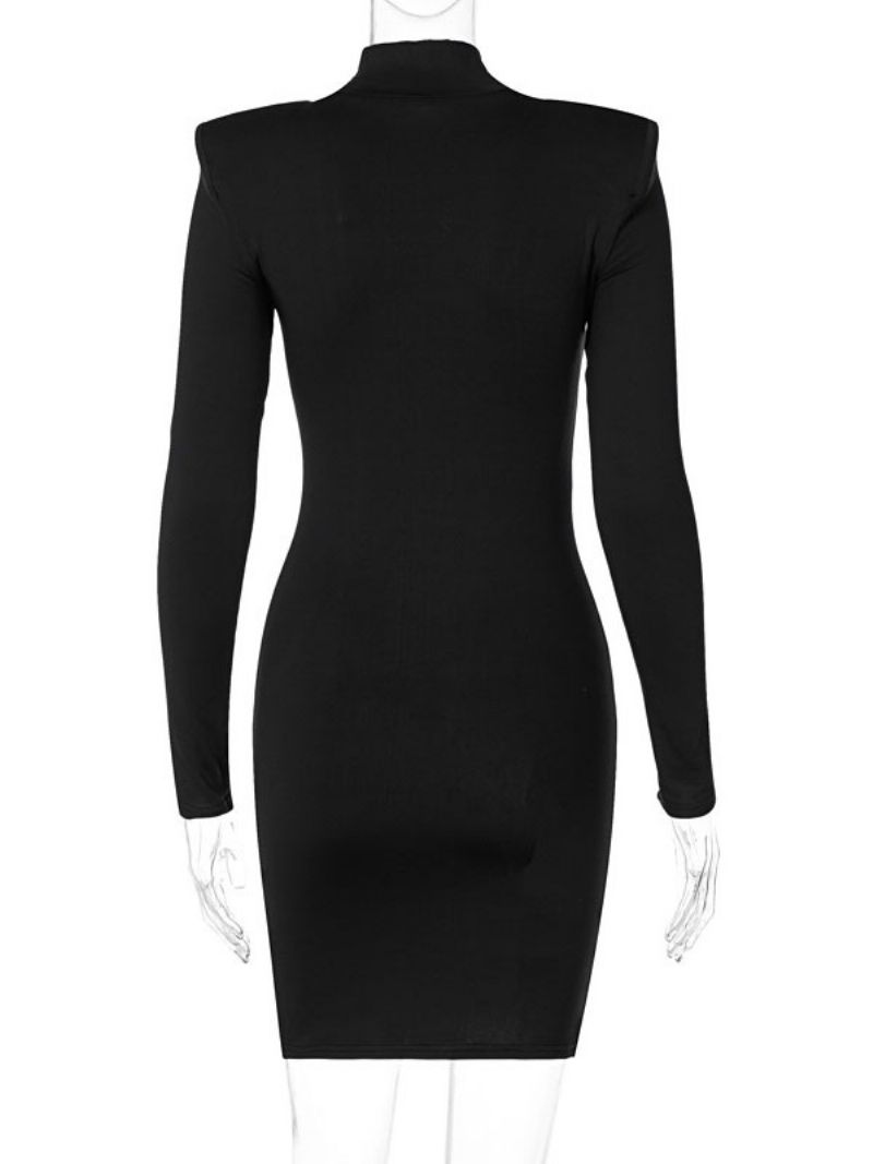 Dam Bodycon Klänning Svart Långa Ärmar Split Front Sexig Hög Krage Layered Omlottklänningar Slida - Svart