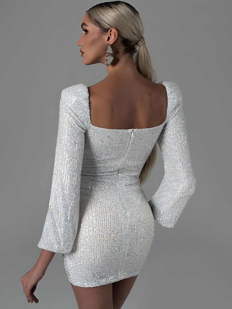 Dampaljetter Bodycon Klänning Designad Halsringning Långärmad Glitter Miniklänningar - Silver