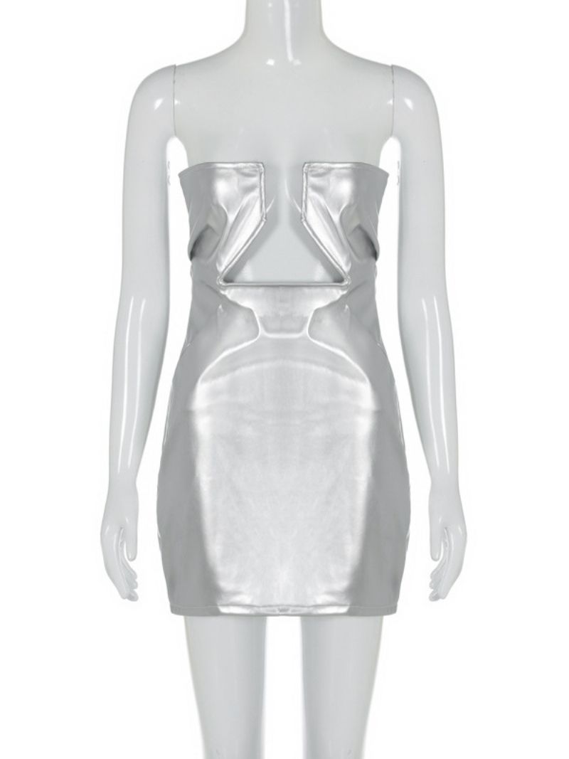 Födelsedag Bodycon Klänning För Kvinnor Strapless Cut Out Pu Läder Sexig Klubbklänning - Silver