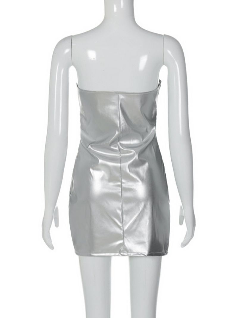 Födelsedag Bodycon Klänning För Kvinnor Strapless Cut Out Pu Läder Sexig Klubbklänning - Silver