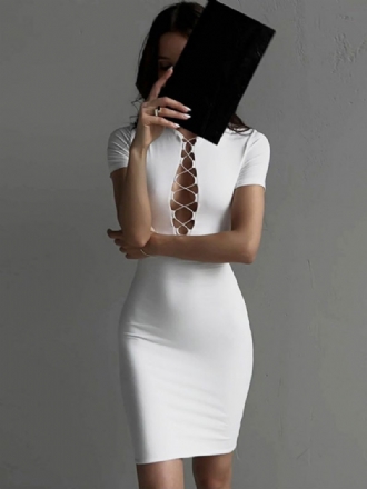 Kvinnors Bodycon Klänningar Vit Jewel Neck Spets Sexig Kortärmad Penn Klänning