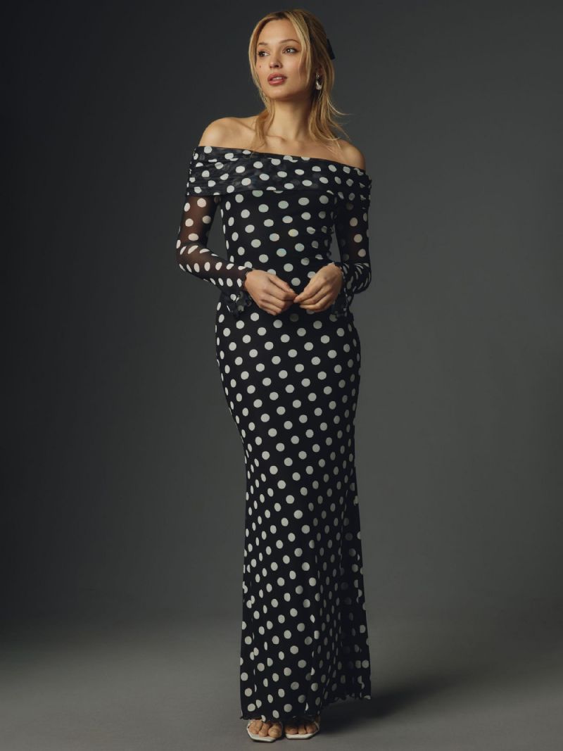 Polka Dot Long Dress Off-the-houlder Sleeves Chic Sommar Maxiklänning För Kvinnor