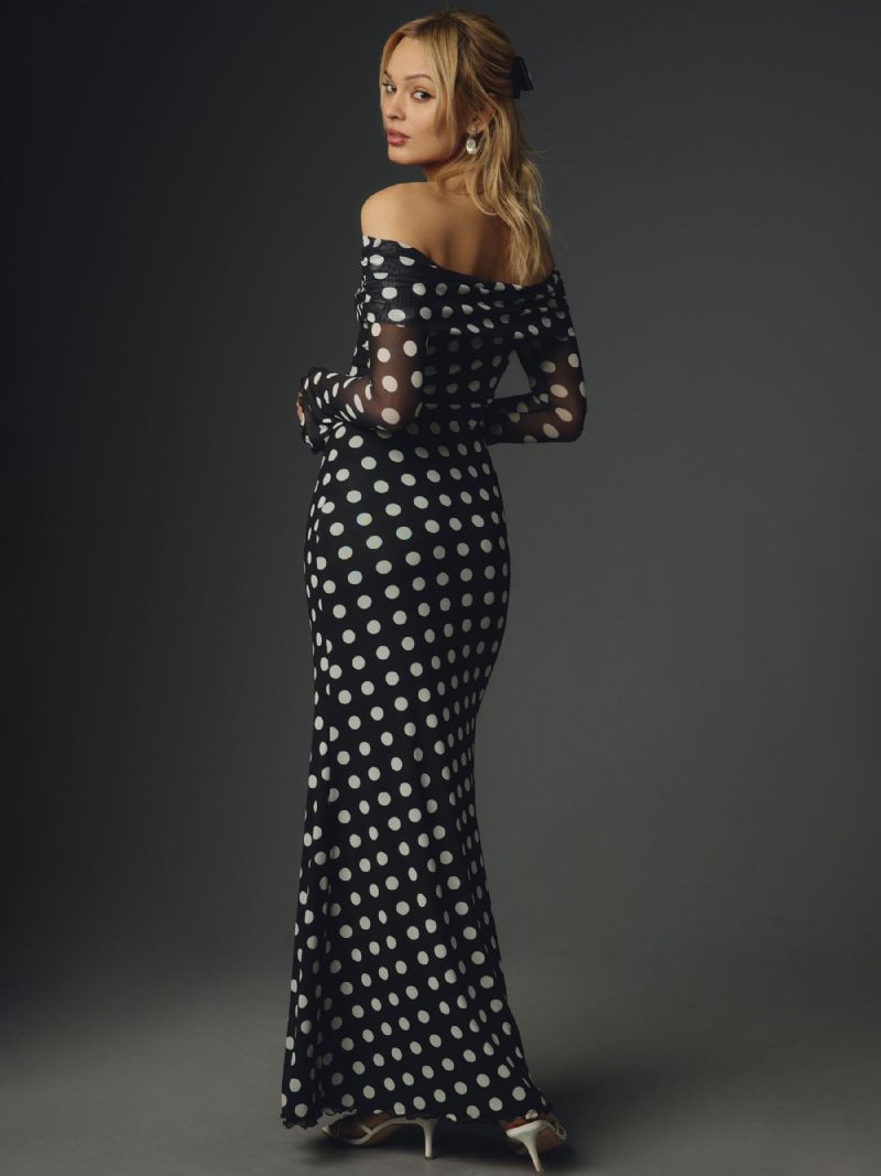 Polka Dot Long Dress Off-the-houlder Sleeves Chic Sommar Maxiklänning För Kvinnor - Svart