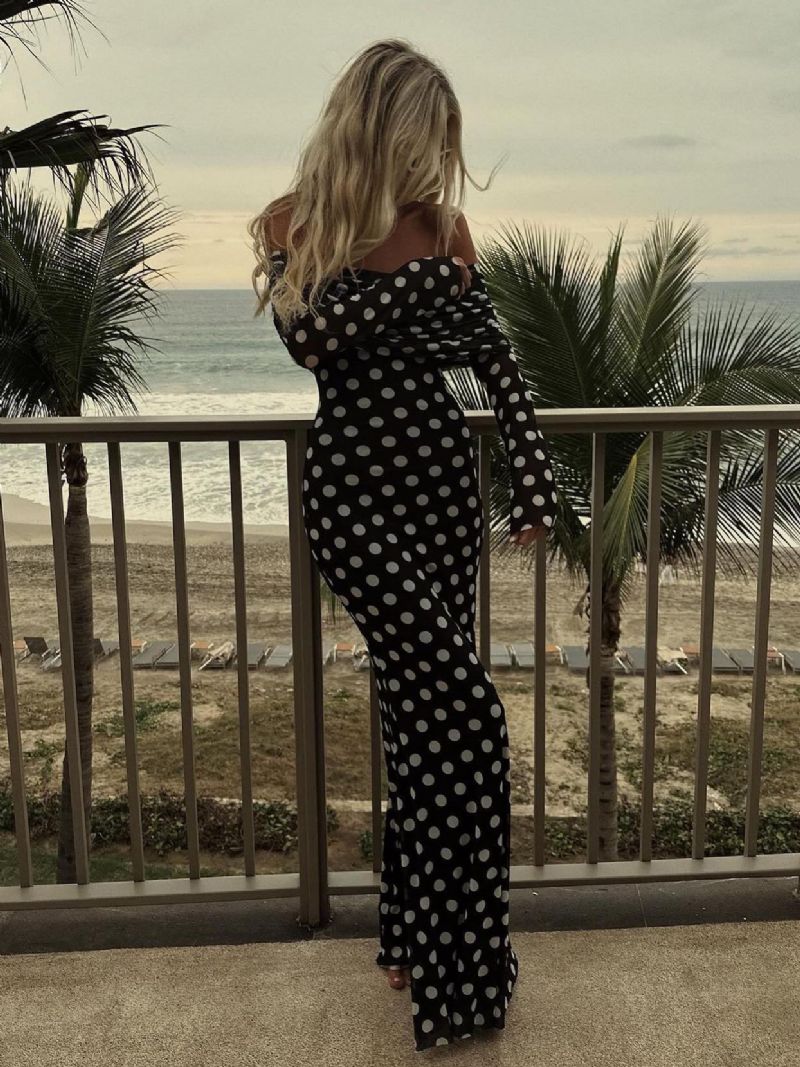 Polka Dot Long Dress Off-the-houlder Sleeves Chic Sommar Maxiklänning För Kvinnor - Svart