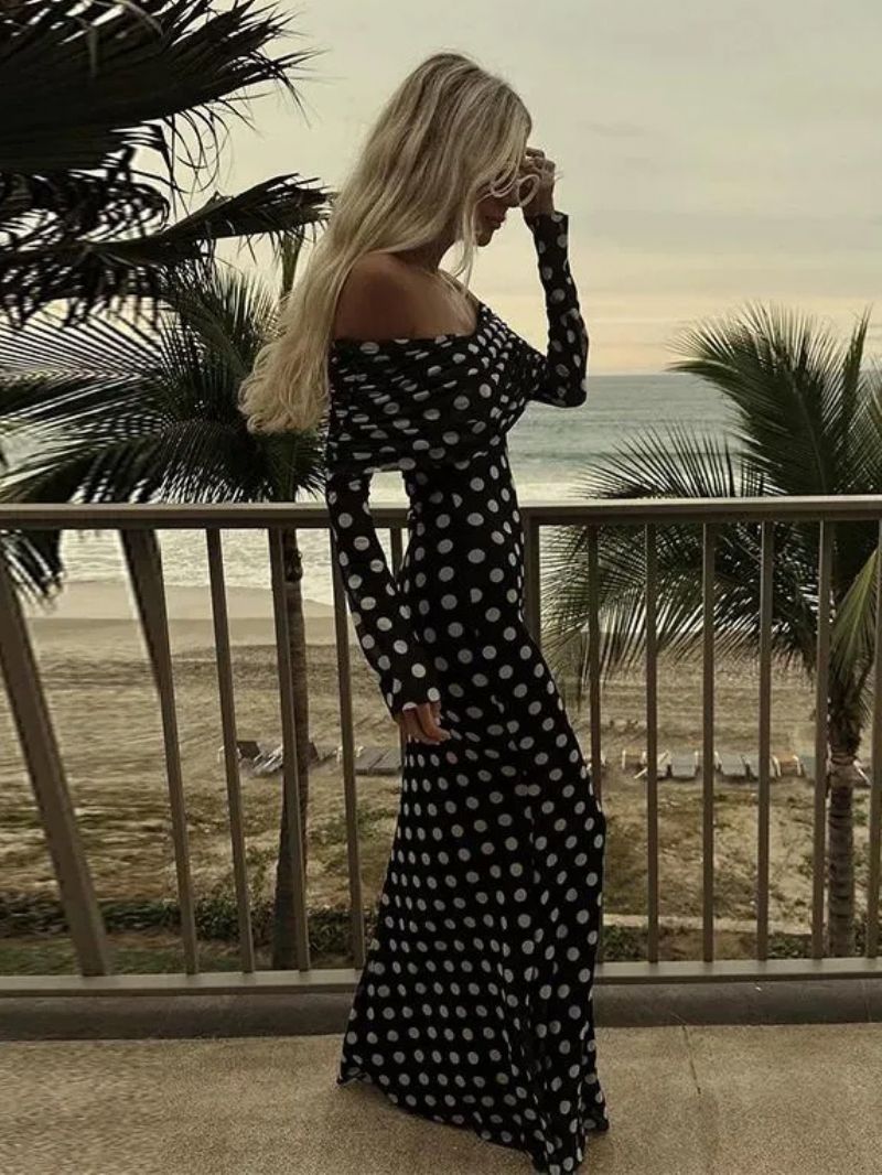 Polka Dot Long Dress Off-the-houlder Sleeves Chic Sommar Maxiklänning För Kvinnor - Svart