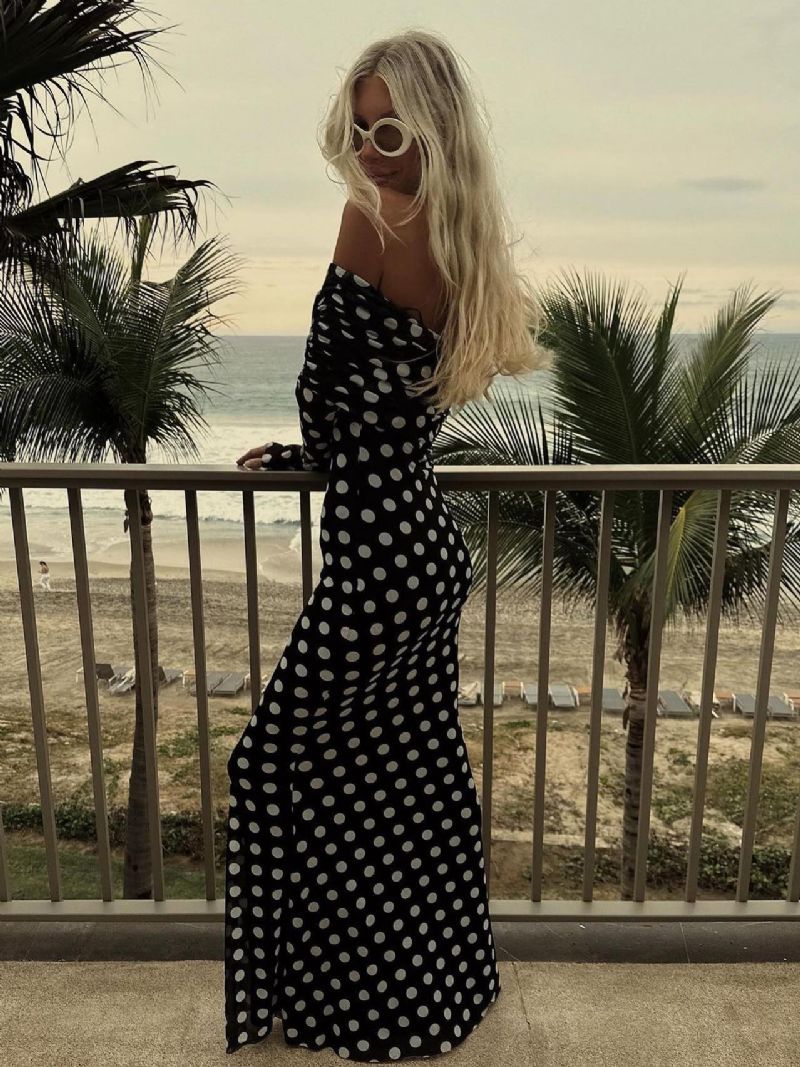 Polka Dot Long Dress Off-the-houlder Sleeves Chic Sommar Maxiklänning För Kvinnor - Svart