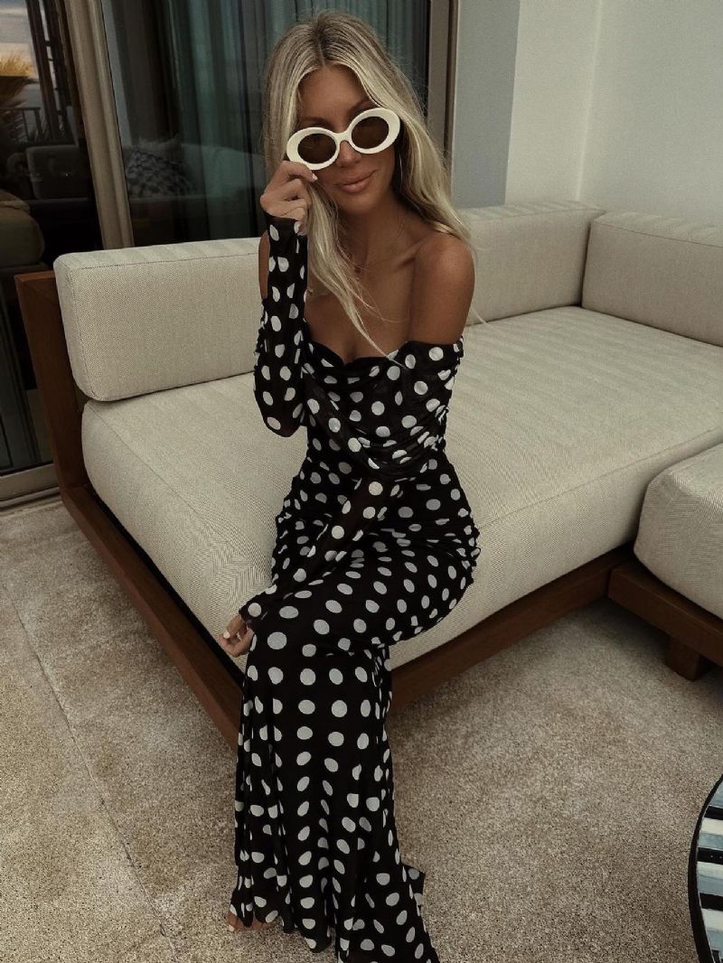 Polka Dot Long Dress Off-the-houlder Sleeves Chic Sommar Maxiklänning För Kvinnor - Svart