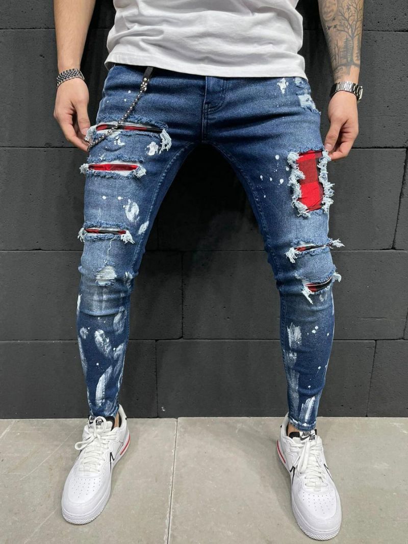 Byxor För Män Casual Distressed Skinny Deep Blue Herrbyxor