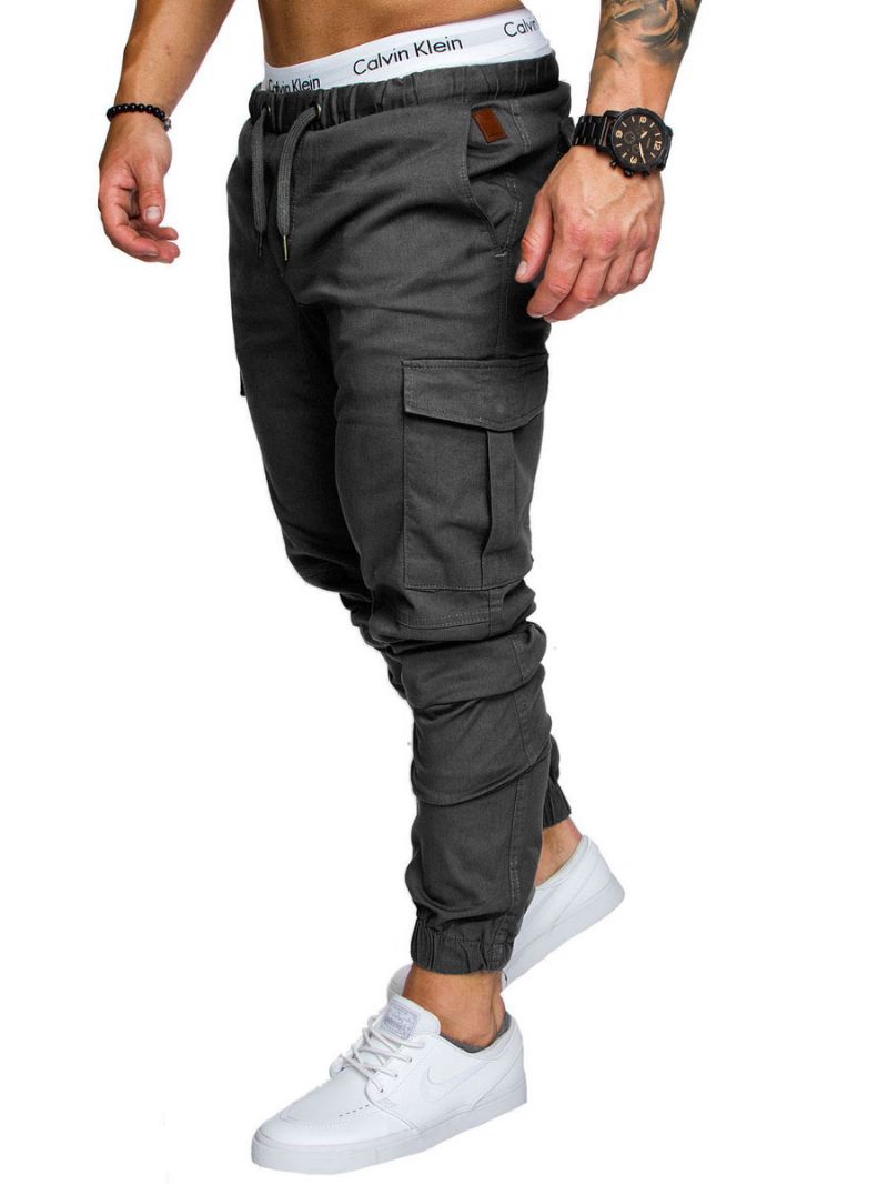 Byxor För Män Casual Natural Midja Rak Cargo Byxa Vita - Deep Grey