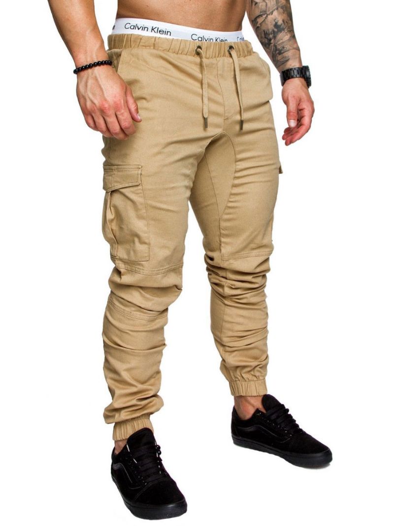 Byxor För Män Casual Natural Midja Rak Cargo Byxa Vita - Khaki