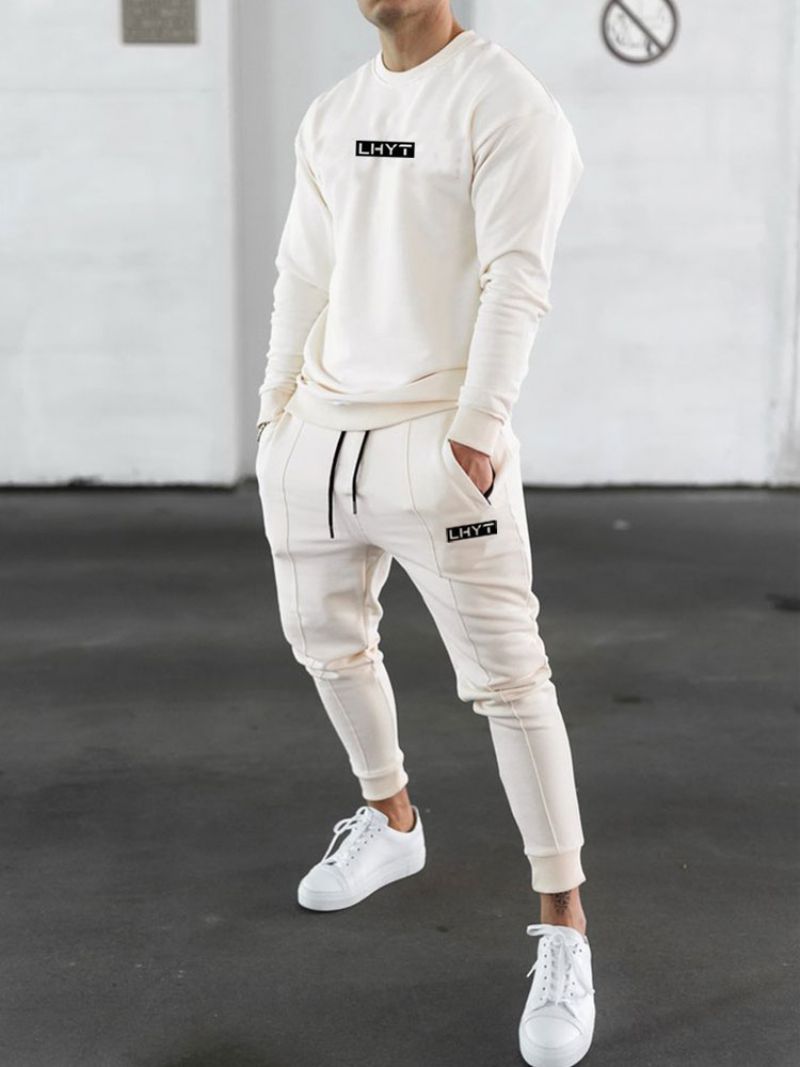 Byxor För Män Casual Words Print Tapered Fit Sweatpants Ecru White Långbyxor - Beige