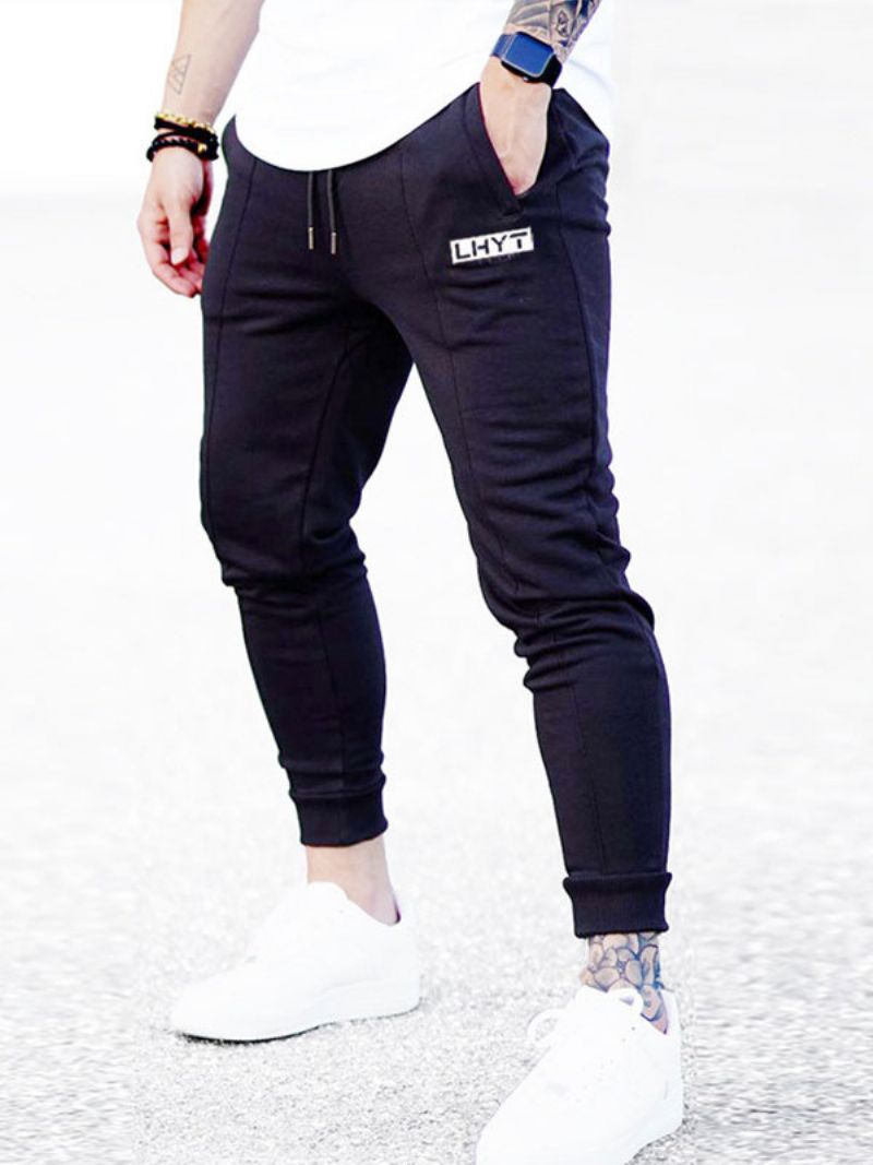 Byxor För Män Casual Words Print Tapered Fit Sweatpants Ecru White Långbyxor - Svart