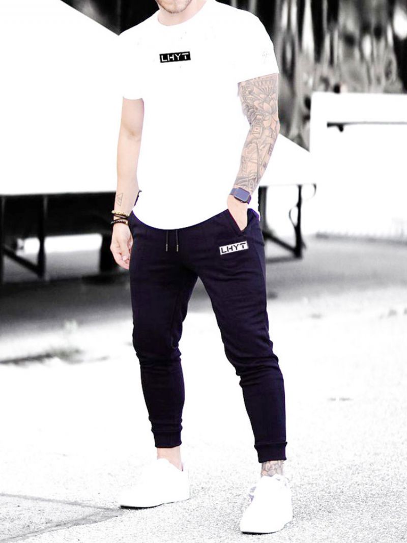 Byxor För Män Casual Words Print Tapered Fit Sweatpants Ecru White Långbyxor - Svart