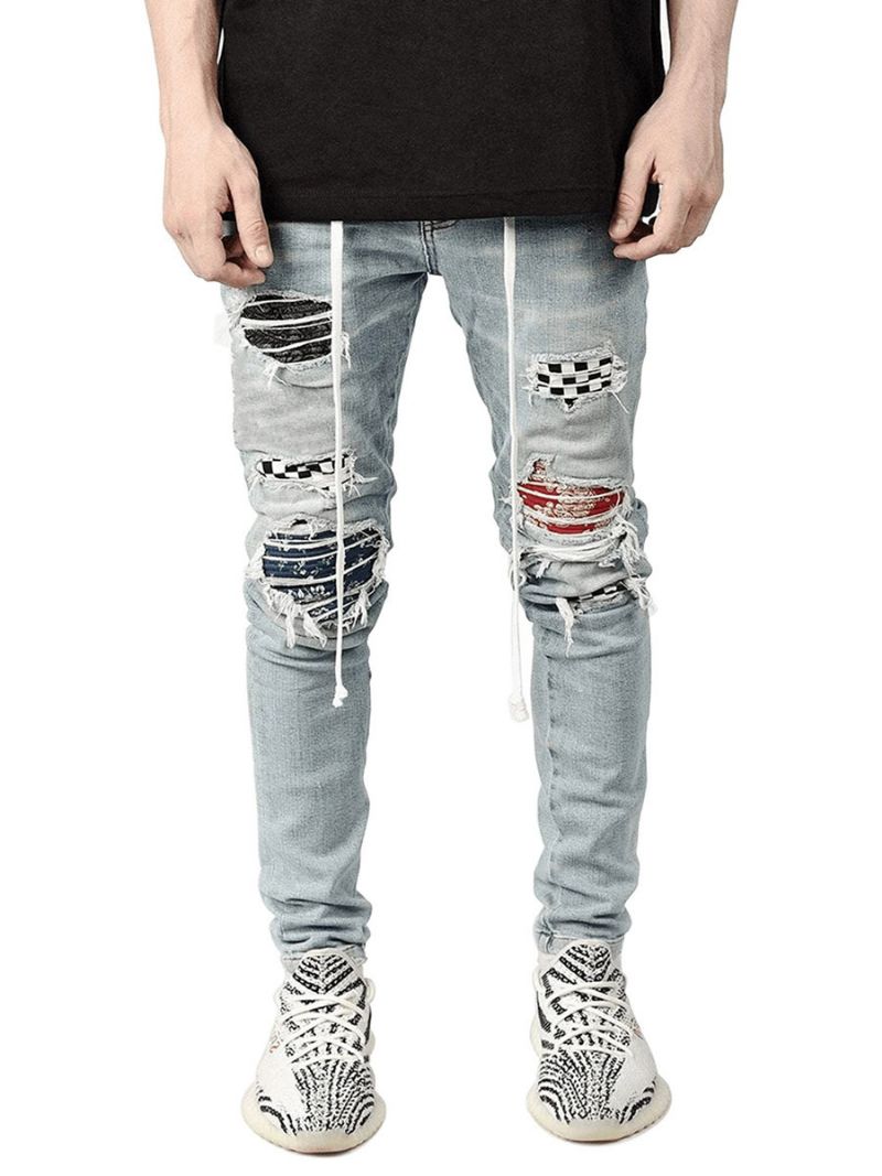 Herrjeans Herrmode Jeans Chic Distressed Antik Design Skinny Ljus Himmelsblå Svart