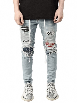 Herrjeans Herrmode Jeans Chic Distressed Antik Design Skinny Ljus Himmelsblå Svart