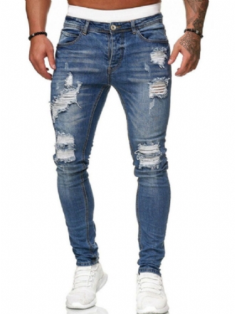 Jeans För Män Chic Distressed Antik Design Skinny Deep Blue