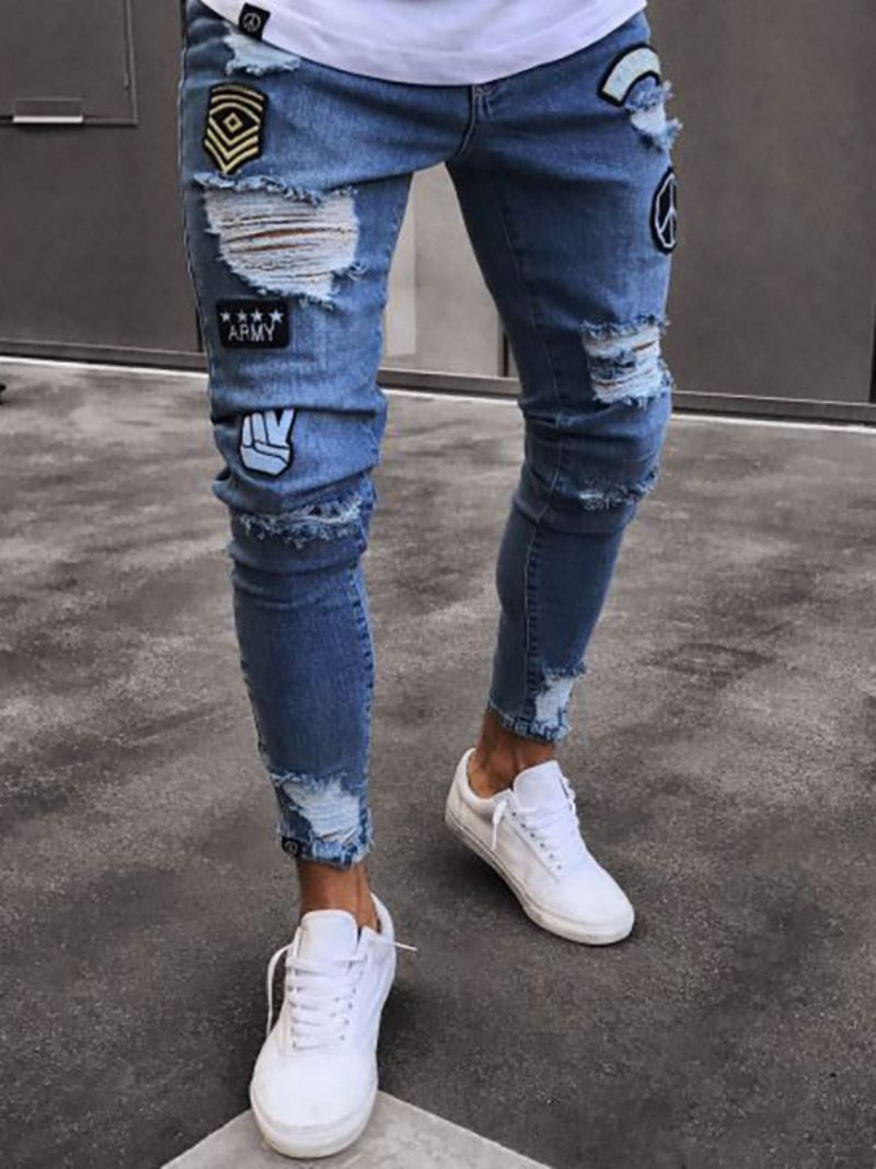 Jeans För Män Chic Distressed Antik Design Skinny Ljus Himmelsblå Djupblå