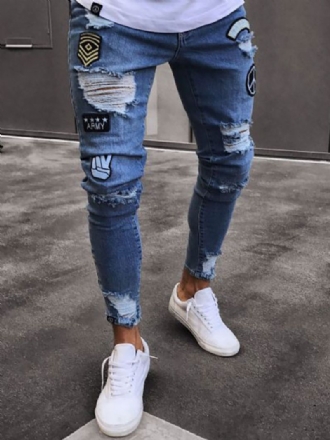 Jeans För Män Chic Distressed Antik Design Skinny Ljus Himmelsblå Djupblå