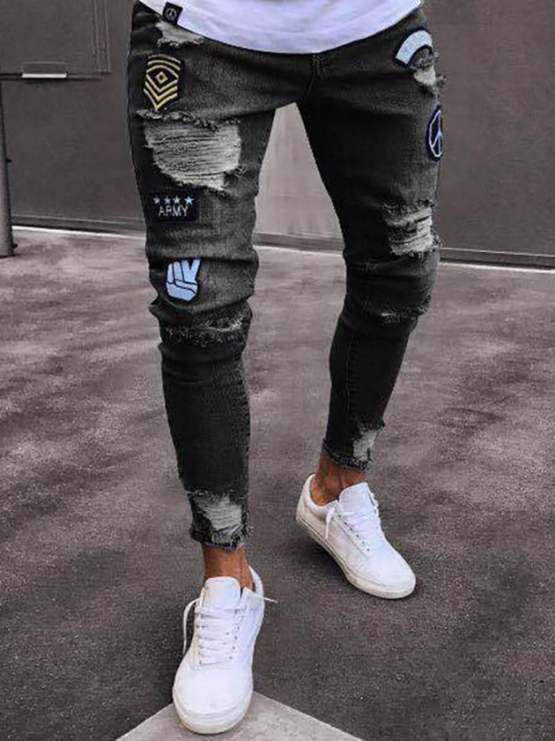 Jeans För Män Chic Distressed Antik Design Skinny Ljus Himmelsblå Djupblå - Svart