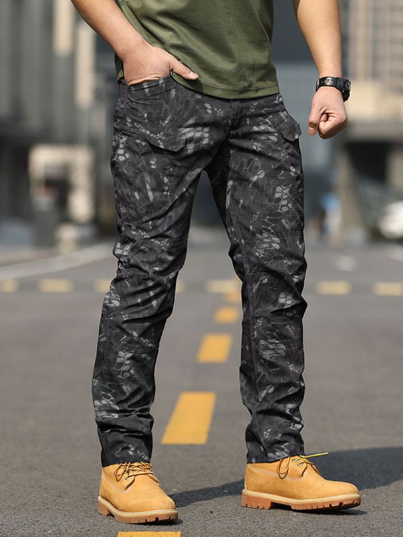 Män Byxor Casual Camouflage Naturlig Midja Rak Cargo Pant Svarta