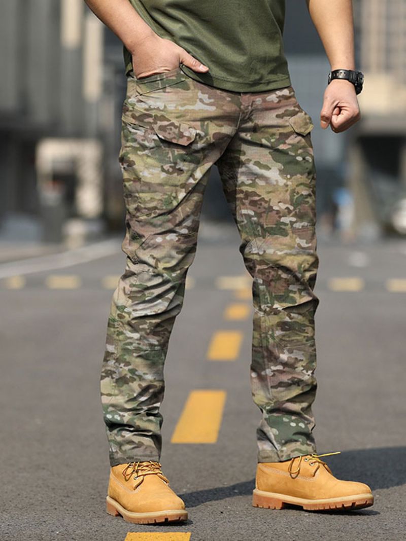 Män Byxor Casual Camouflage Naturlig Midja Rak Cargo Pant Svarta - Ljusgrön