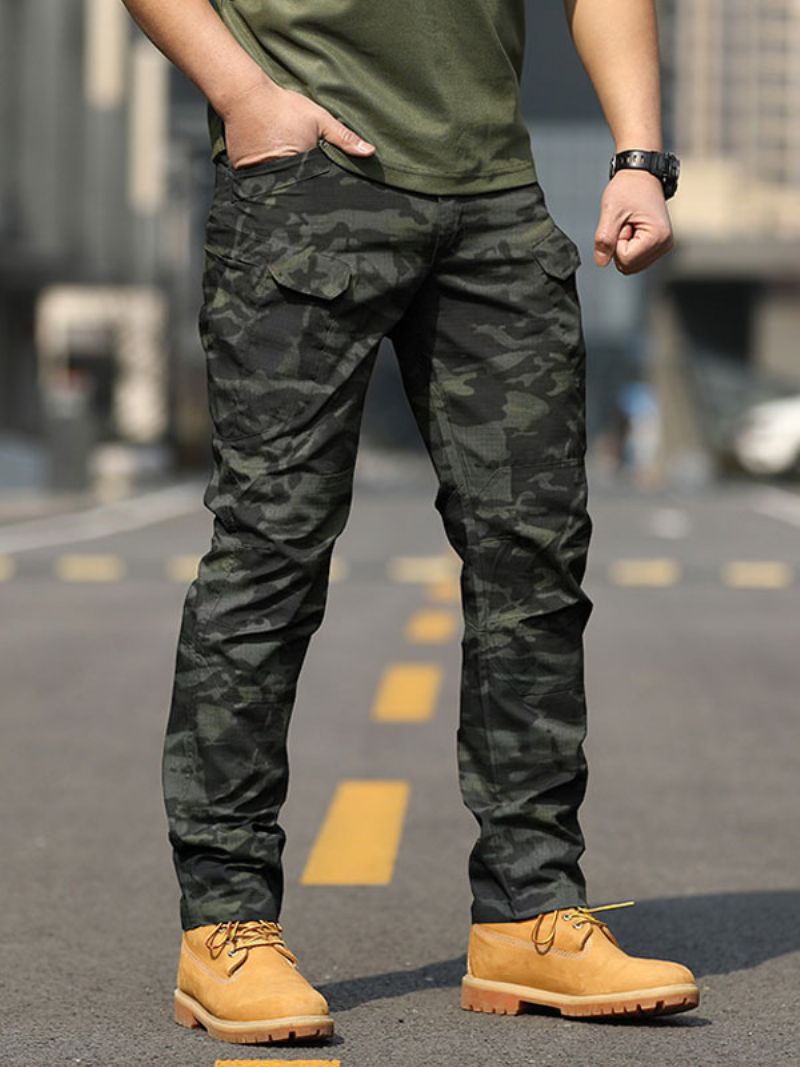 Män Byxor Casual Camouflage Naturlig Midja Rak Cargo Pant Svarta - Mörkt Grön