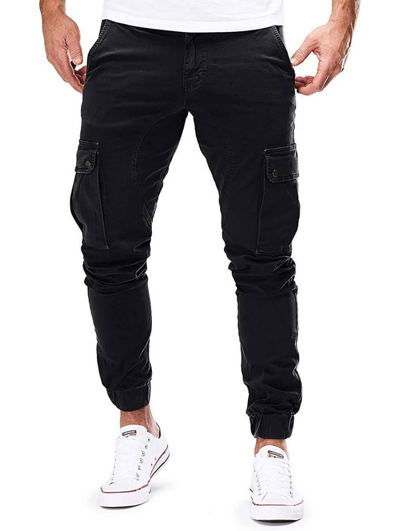 Män Byxor Casual Tapered Fit Träningsbyxor Hunter Green Pants - Svart