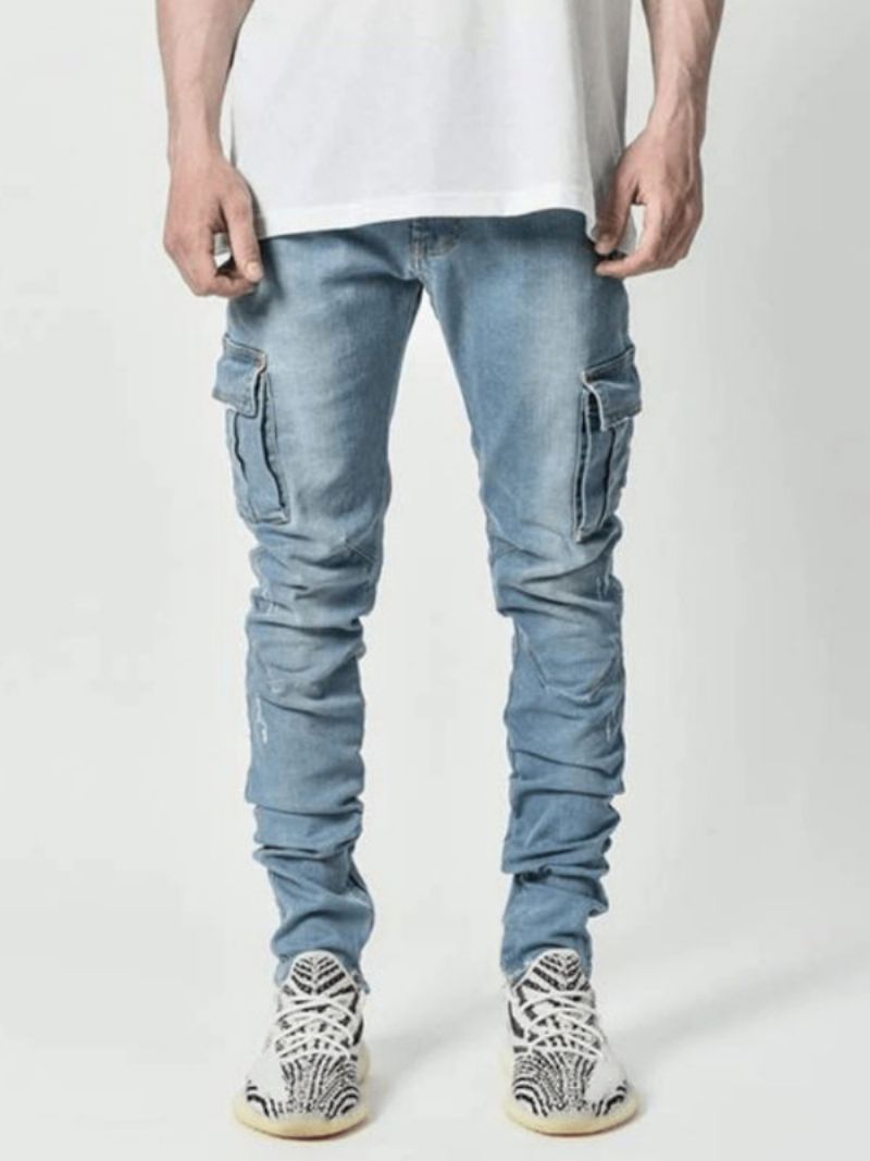 Män Jeans Casual Distressed Antik Design Skinny Ljus Himmelsblå Jeansbyxor