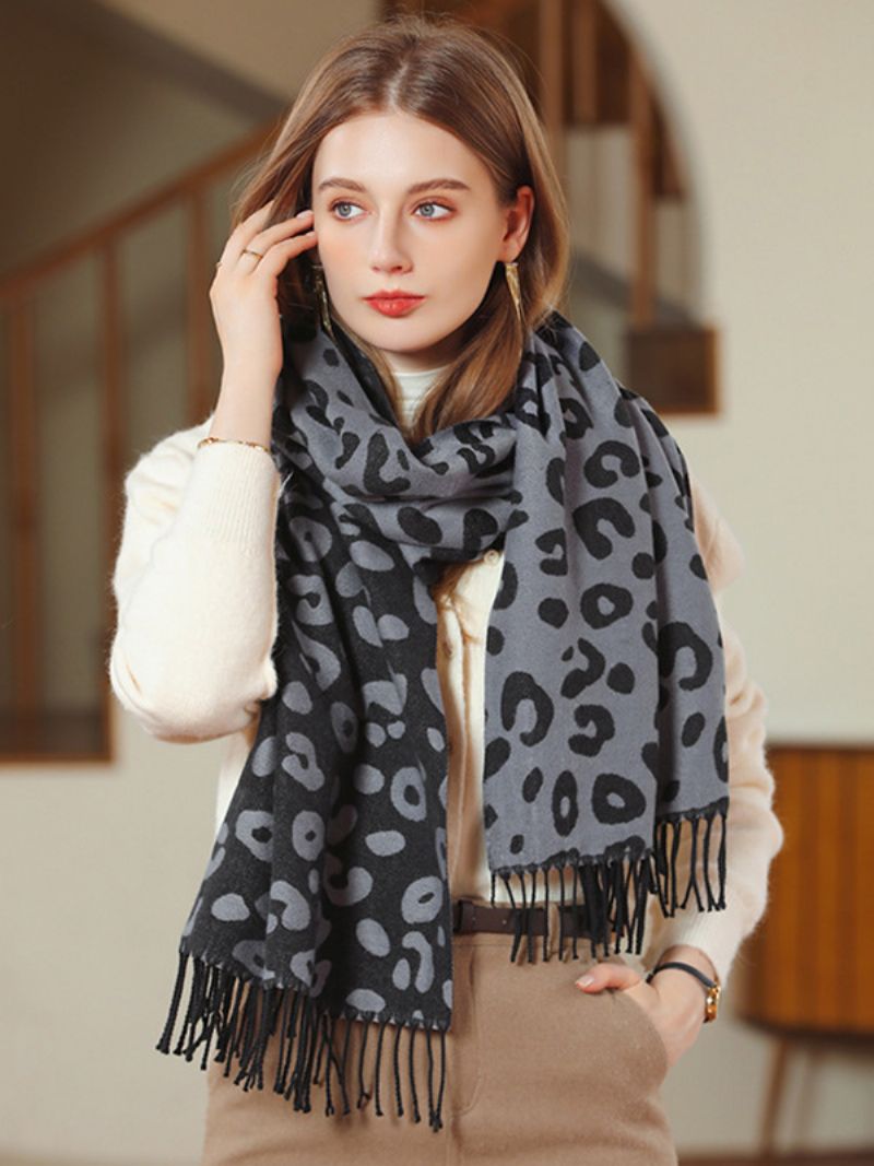 Damscarf Mode Leopard Print Fringe Fiber Vinter Varma Halsdukar