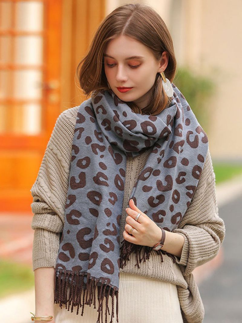 Damscarf Mode Leopard Print Fringe Fiber Vinter Varma Halsdukar - Blå