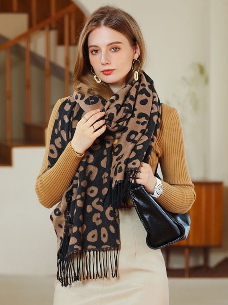 Damscarf Mode Leopard Print Fringe Fiber Vinter Varma Halsdukar - Svart