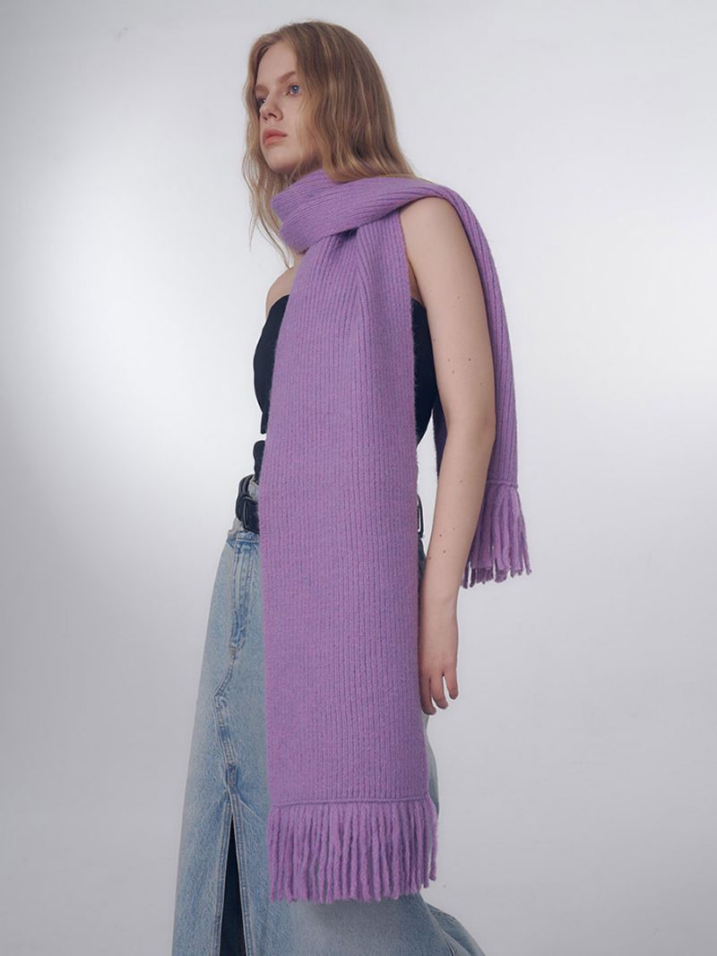 Fluffig Ribbad Scarf Fringe Solid Color Daily Casual Scarves För Kvinnor - Lavendel