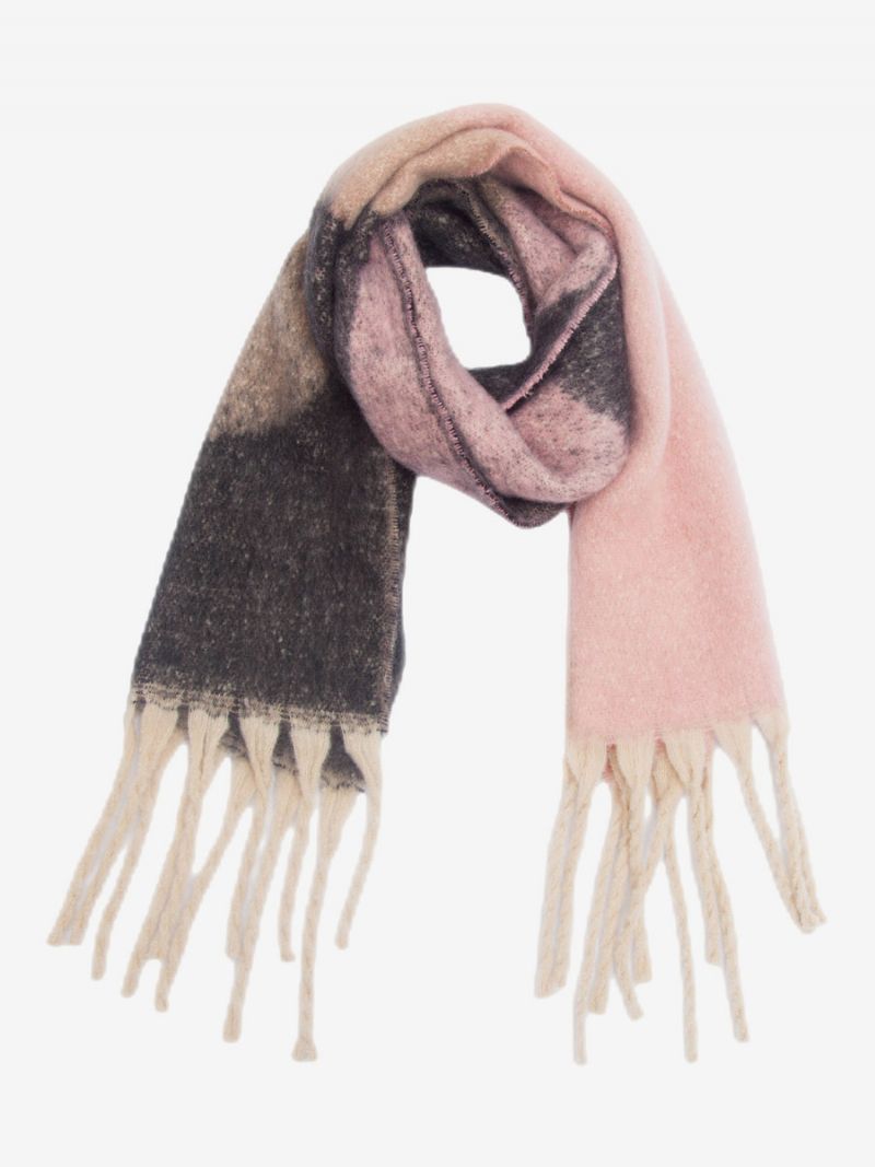 Fuzzy Scarf Color Block Med Fransar Casual Kvinnors Halsdukar För Höst Och Vinter - Rosa