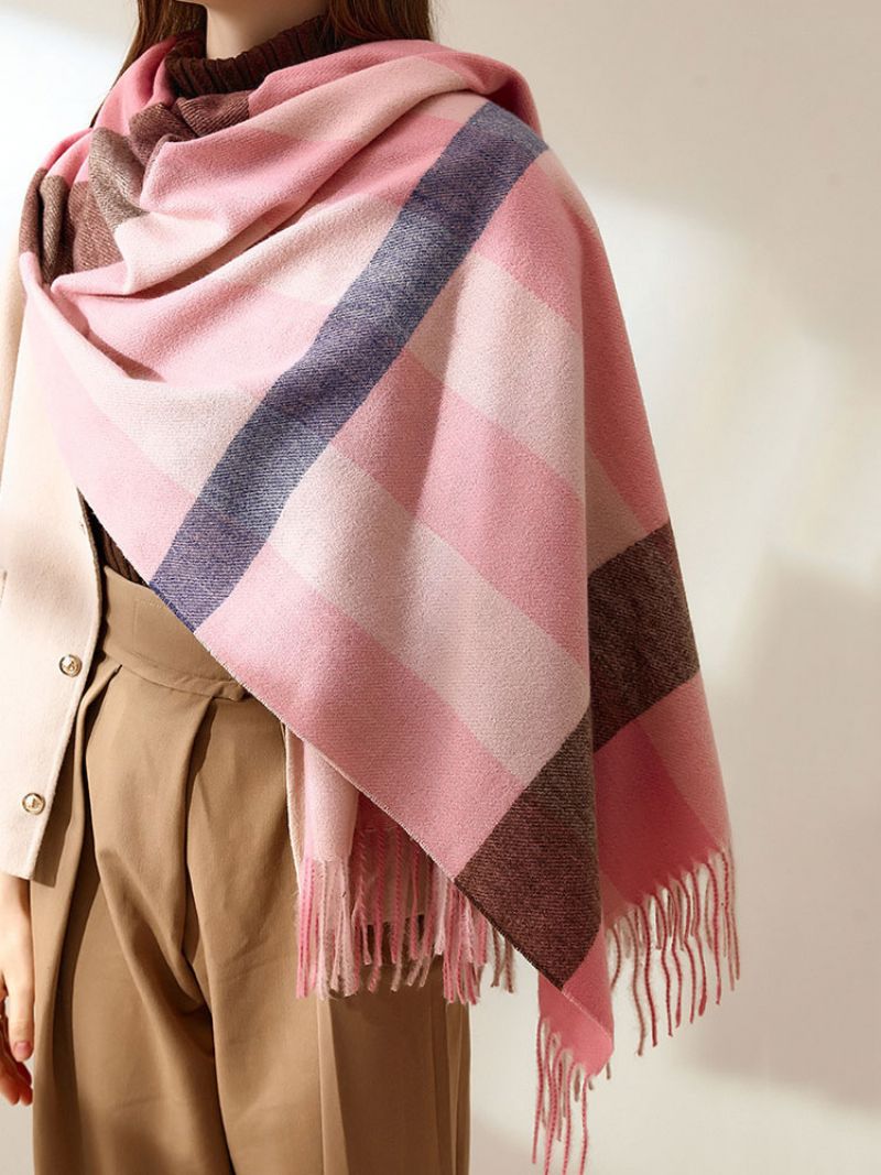 Kvinnor Scarf Charmig Rutigt Mönster Fringe Fiber Rosa