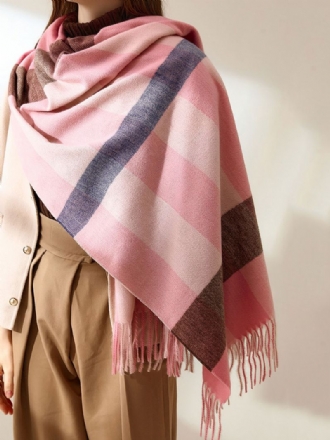 Kvinnor Scarf Charmig Rutigt Mönster Fringe Fiber Rosa